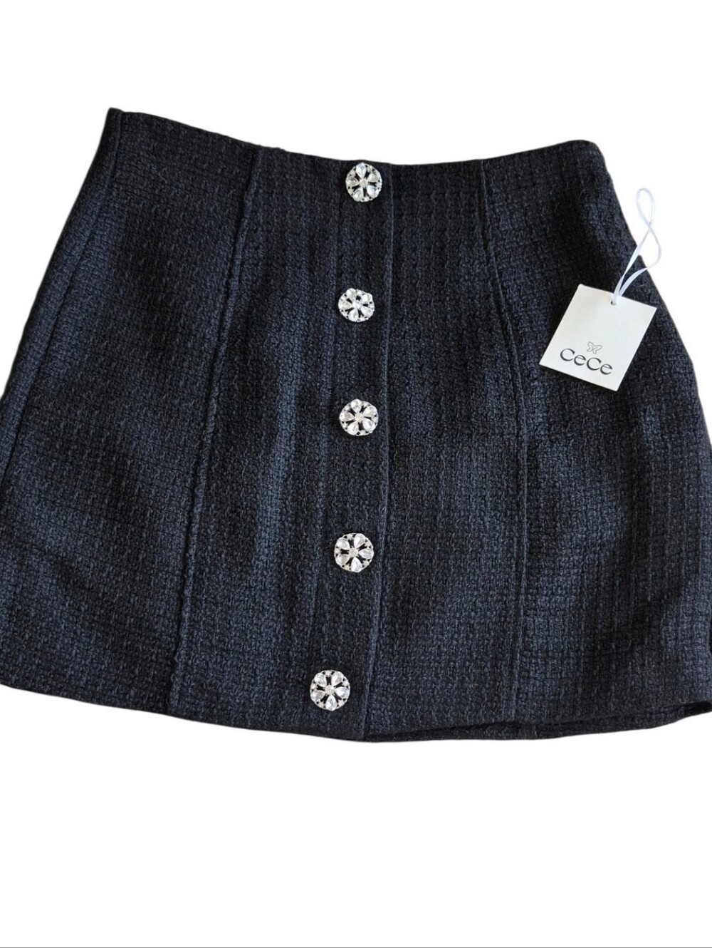 CeCe Black Tweed Mini Skirt Crystal Jeweled Buttons Size 6 NWT
